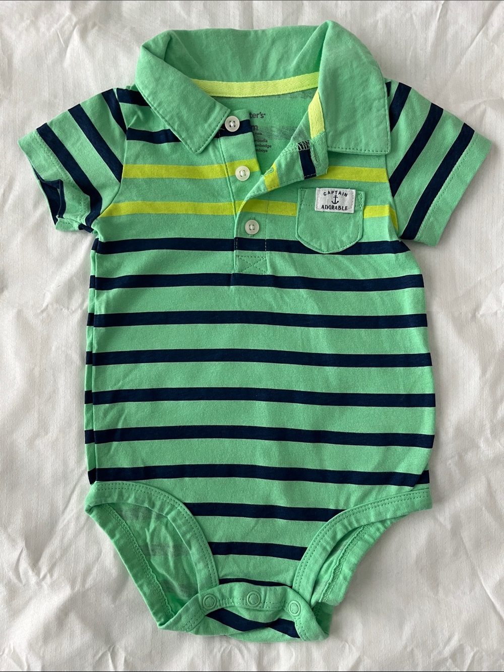 Carter's Green and Navy Striped Polo Onesie with Yellow Accents